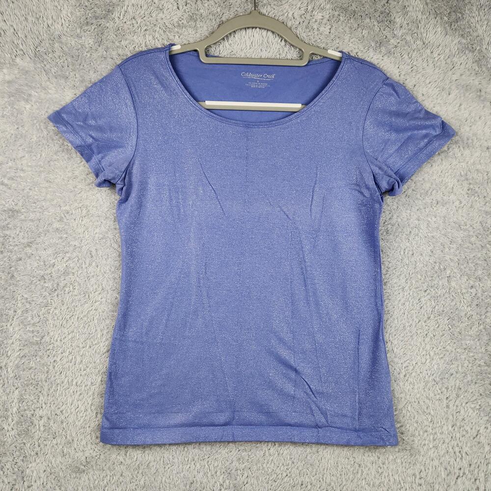 Coldwater Creek Shirt Womens Small Blue Glitter Stretch Short Sleeve Top Summer